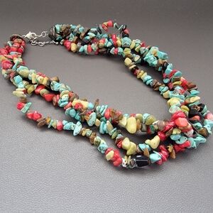Four-Strand Multistone Chip Necklace | Turquoise Coral Tiger’s Eye Mix | Global